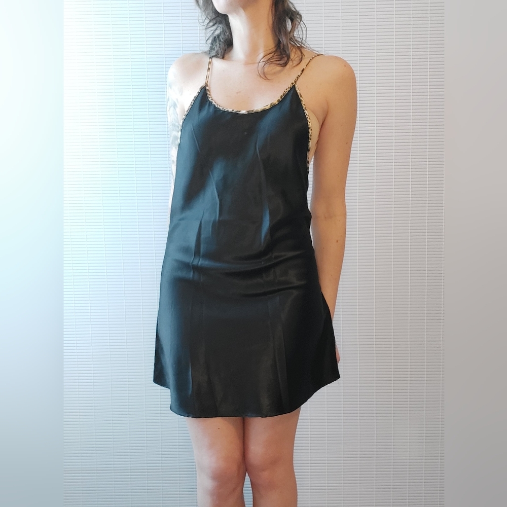 Vintage 90s Y2K Black Leopard Satin Nightie Nightgown Lingerie Medium